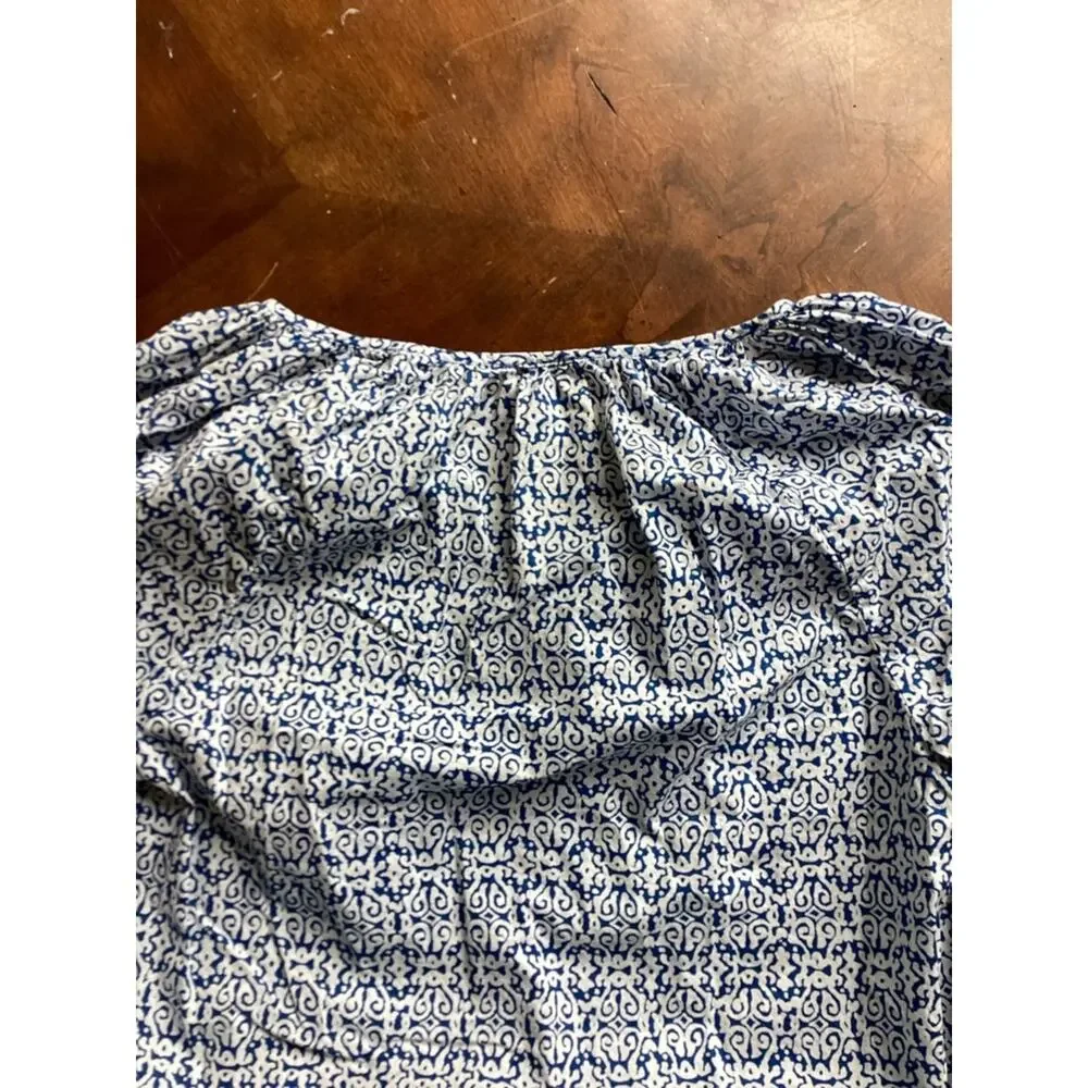 J. Crew Blue and White Printed Peasant Blouse Womens M, Boho, Tassels